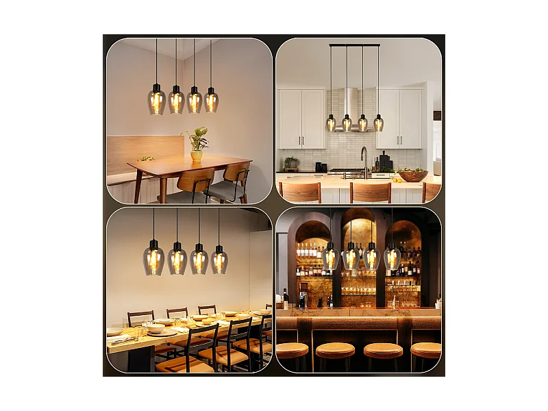 Suspension NETTLIFE noire pour table à manger - Suspension E27 à flamme unique en verre fumé vintage pour cuisine, chambre, sans source lumineuse