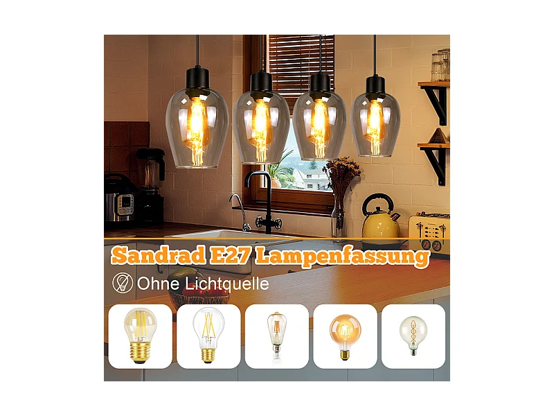 Suspension NETTLIFE noire pour table à manger - Suspension E27 à flamme unique en verre fumé vintage pour cuisine, chambre, sans source lumineuse