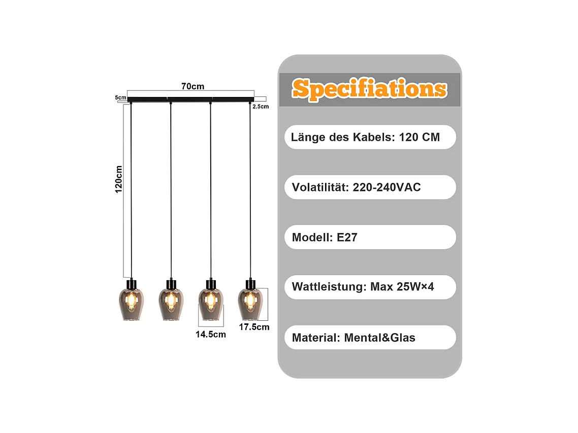 Suspension NETTLIFE noire pour table à manger - Suspension E27 à flamme unique en verre fumé vintage pour cuisine, chambre, sans source lumineuse