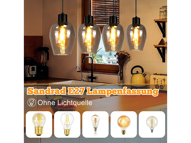 Suspension NETTLIFE noire pour table à manger - Suspension E27 à flamme unique en verre fumé vintage pour cuisine, chambre, sans source lumineuse