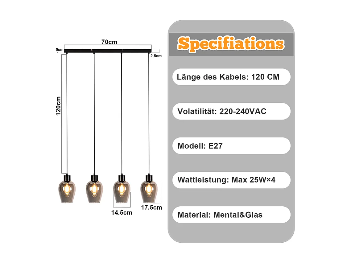 Suspension NETTLIFE noire pour table à manger - Suspension E27 à flamme unique en verre fumé vintage pour cuisine, chambre, sans source lumineuse