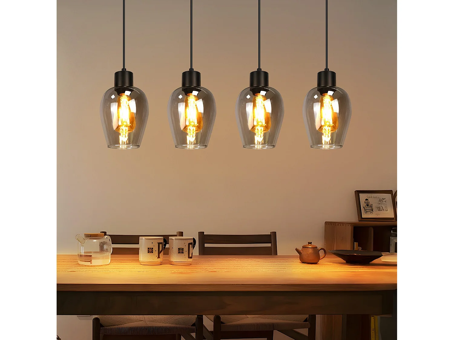 NETTLIFE Zwarte hanglamp voor eettafel - Vintage gerookte glazen enkele vlam E27 hanglamp voor keuken, slaapkamer, zonder lichtbron