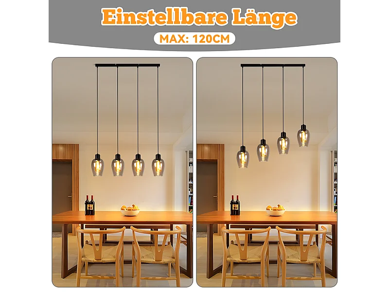 Suspension NETTLIFE noire pour table à manger - Suspension E27 à flamme unique en verre fumé vintage pour cuisine, chambre, sans source lumineuse