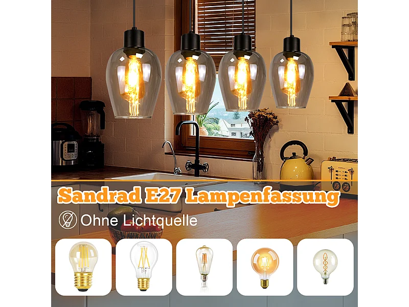 Suspension NETTLIFE noire pour table à manger - Suspension E27 à flamme unique en verre fumé vintage pour cuisine, chambre, sans source lumineuse