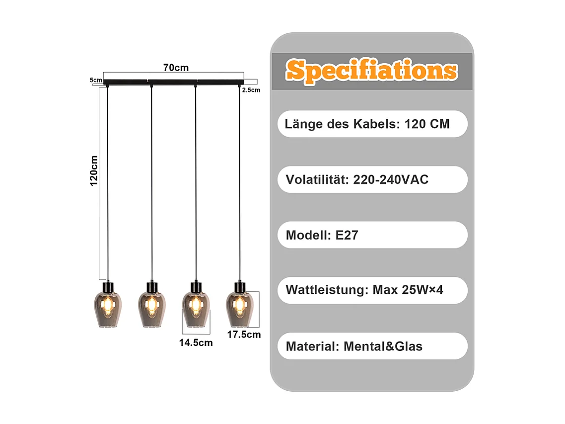 Suspension NETTLIFE noire pour table à manger - Suspension E27 à flamme unique en verre fumé vintage pour cuisine, chambre, sans source lumineuse
