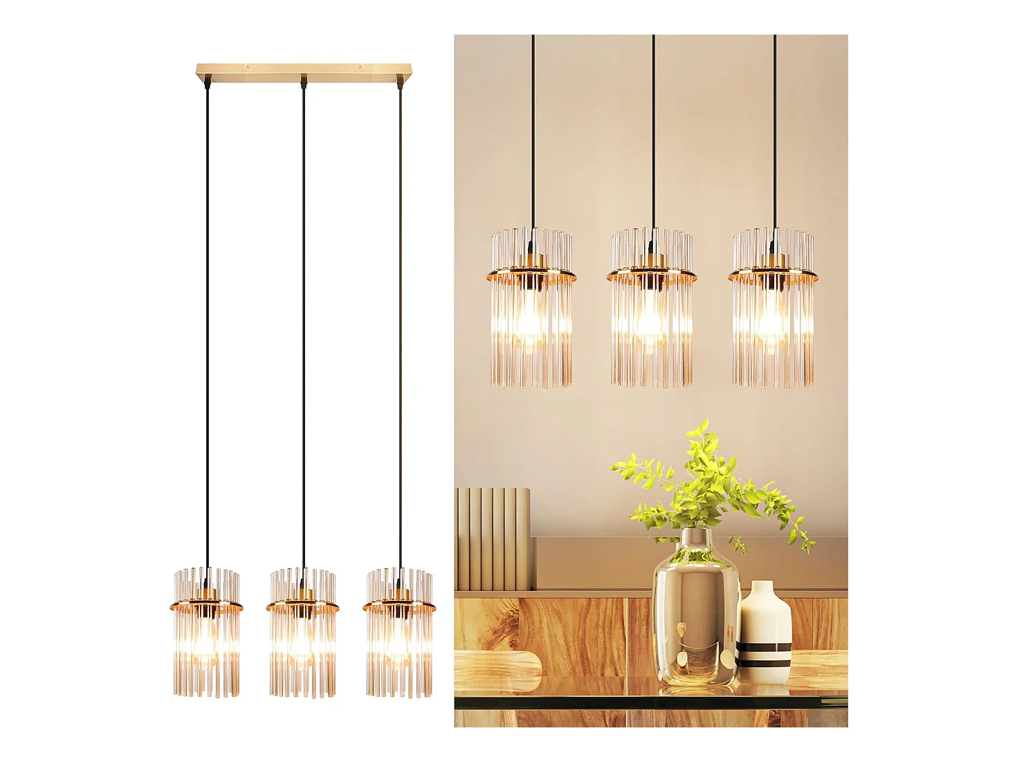 Nettlife Suspension Dorée Vintage, 3 Lampes Verre, Douille E27, Ø 16 cm, pour Table, Cuisine (sans ampoules).