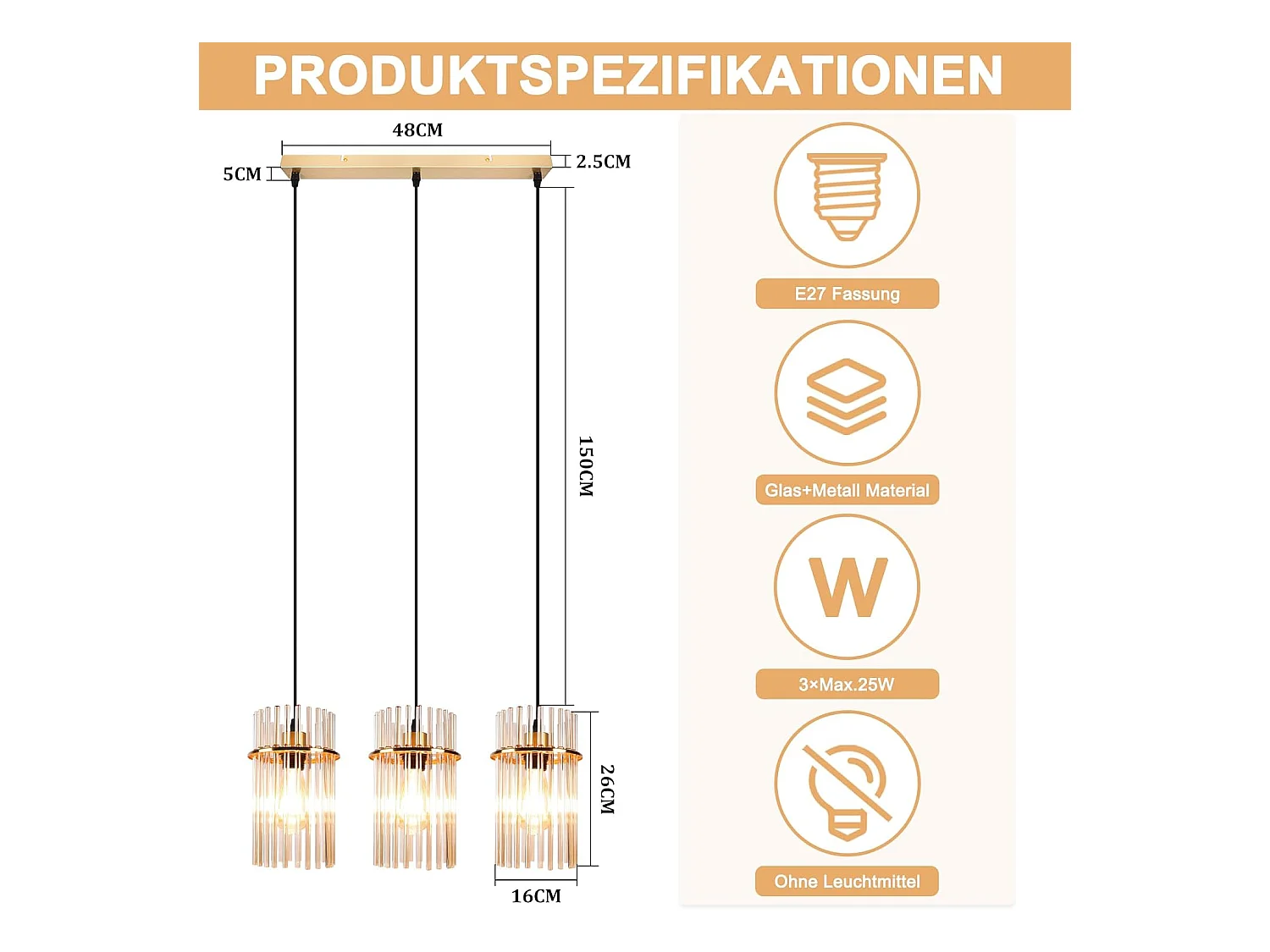 Nettlife Suspension Dorée Vintage, 3 Lampes Verre, Douille E27, Ø 16 cm, pour Table, Cuisine (sans ampoules).