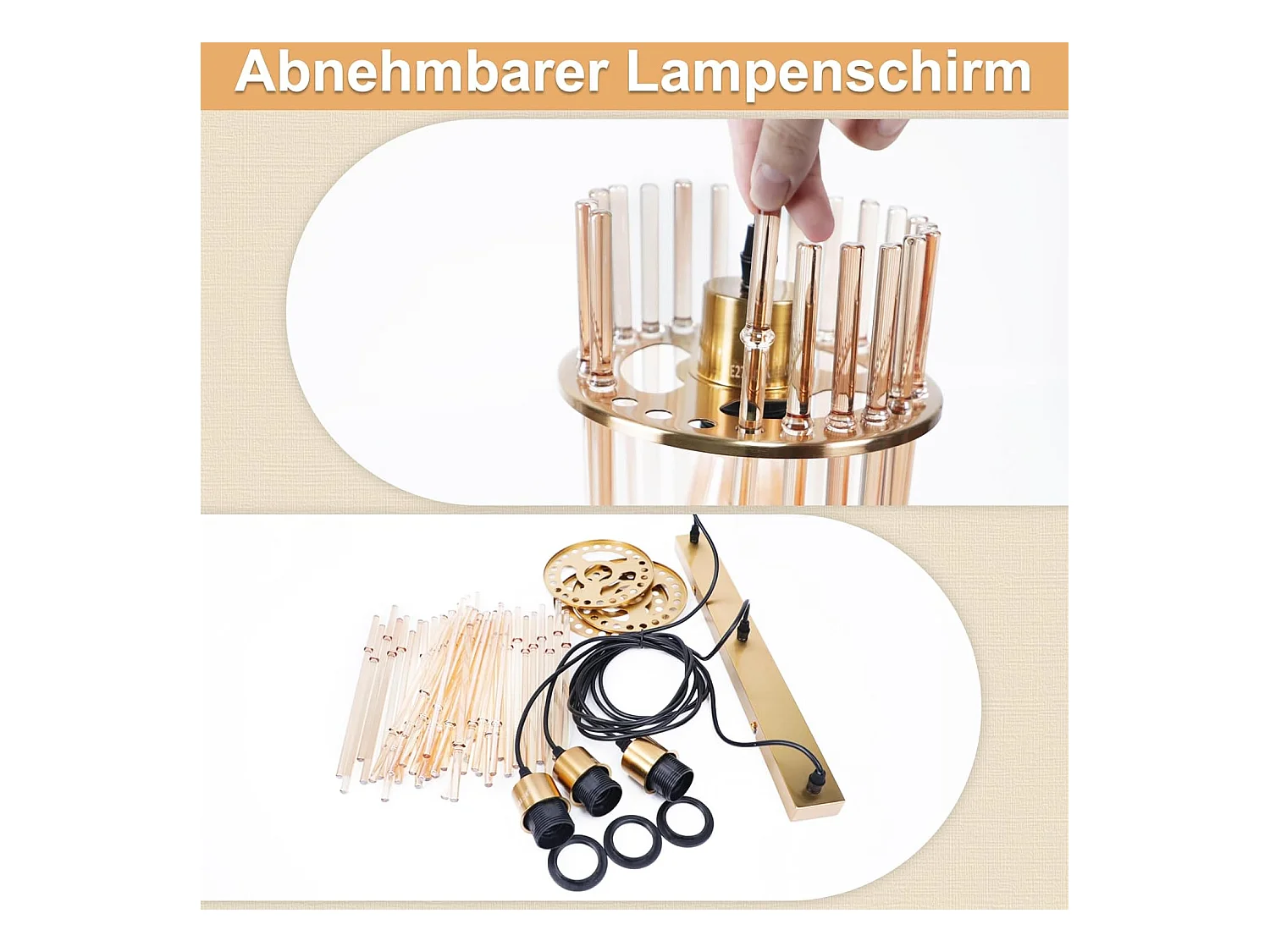 Nettlife Suspension Dorée Vintage, 3 Lampes Verre, Douille E27, Ø 16 cm, pour Table, Cuisine (sans ampoules).