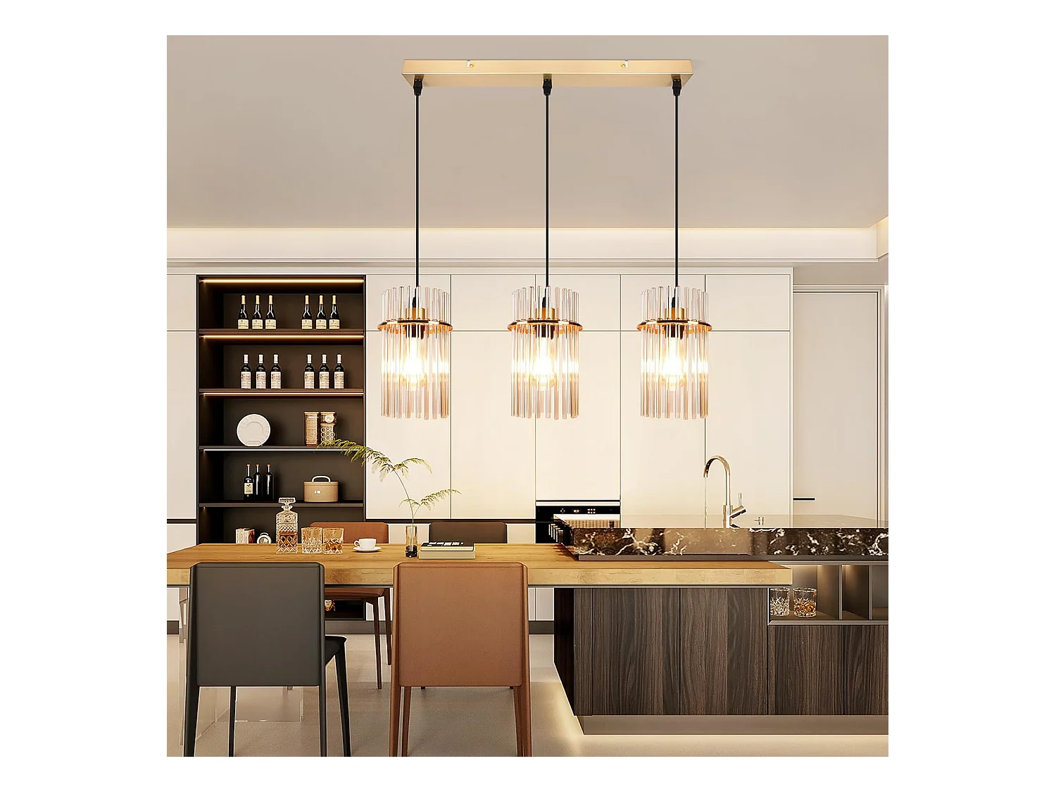 Nettlife Suspension Dorée Vintage, 3 Lampes Verre, Douille E27, Ø 16 cm, pour Table, Cuisine (sans ampoules).