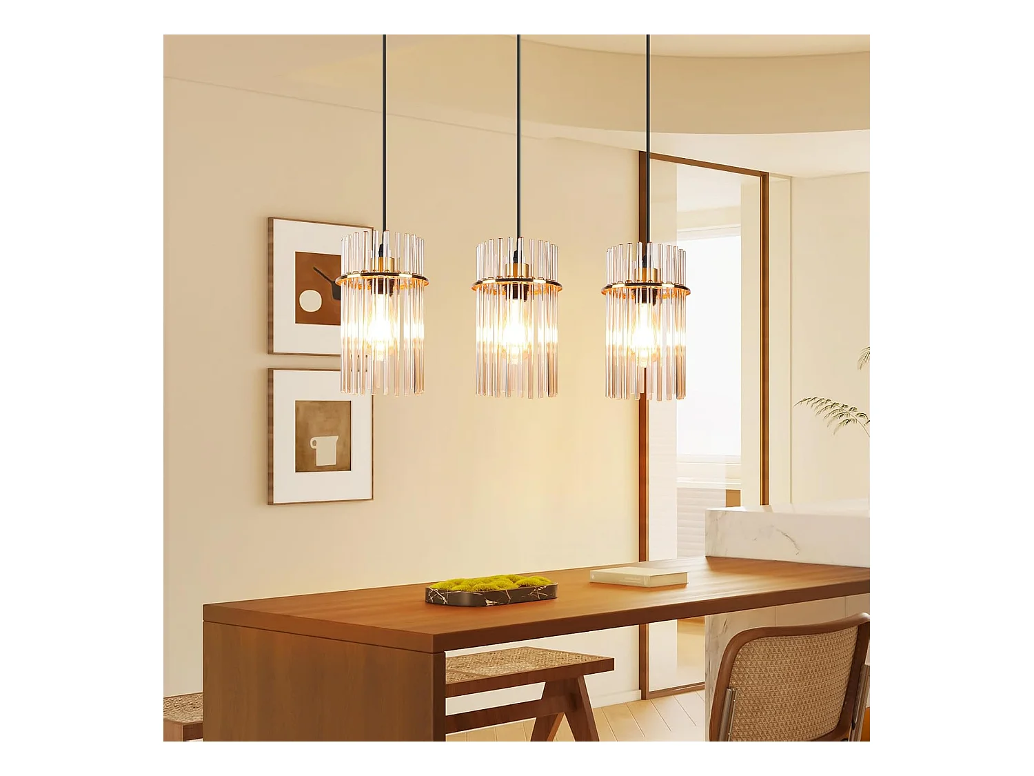 Nettlife Suspension Dorée Vintage, 3 Lampes Verre, Douille E27, Ø 16 cm, pour Table, Cuisine (sans ampoules).