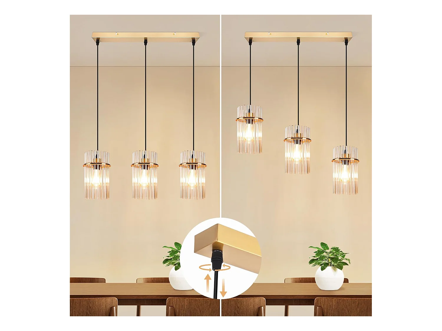 Nettlife Suspension Dorée Vintage, 3 Lampes Verre, Douille E27, Ø 16 cm, pour Table, Cuisine (sans ampoules).