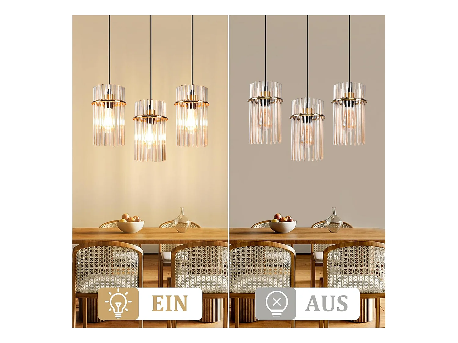 Nettlife Suspension Dorée Vintage, 3 Lampes Verre, Douille E27, Ø 16 cm, pour Table, Cuisine (sans ampoules).