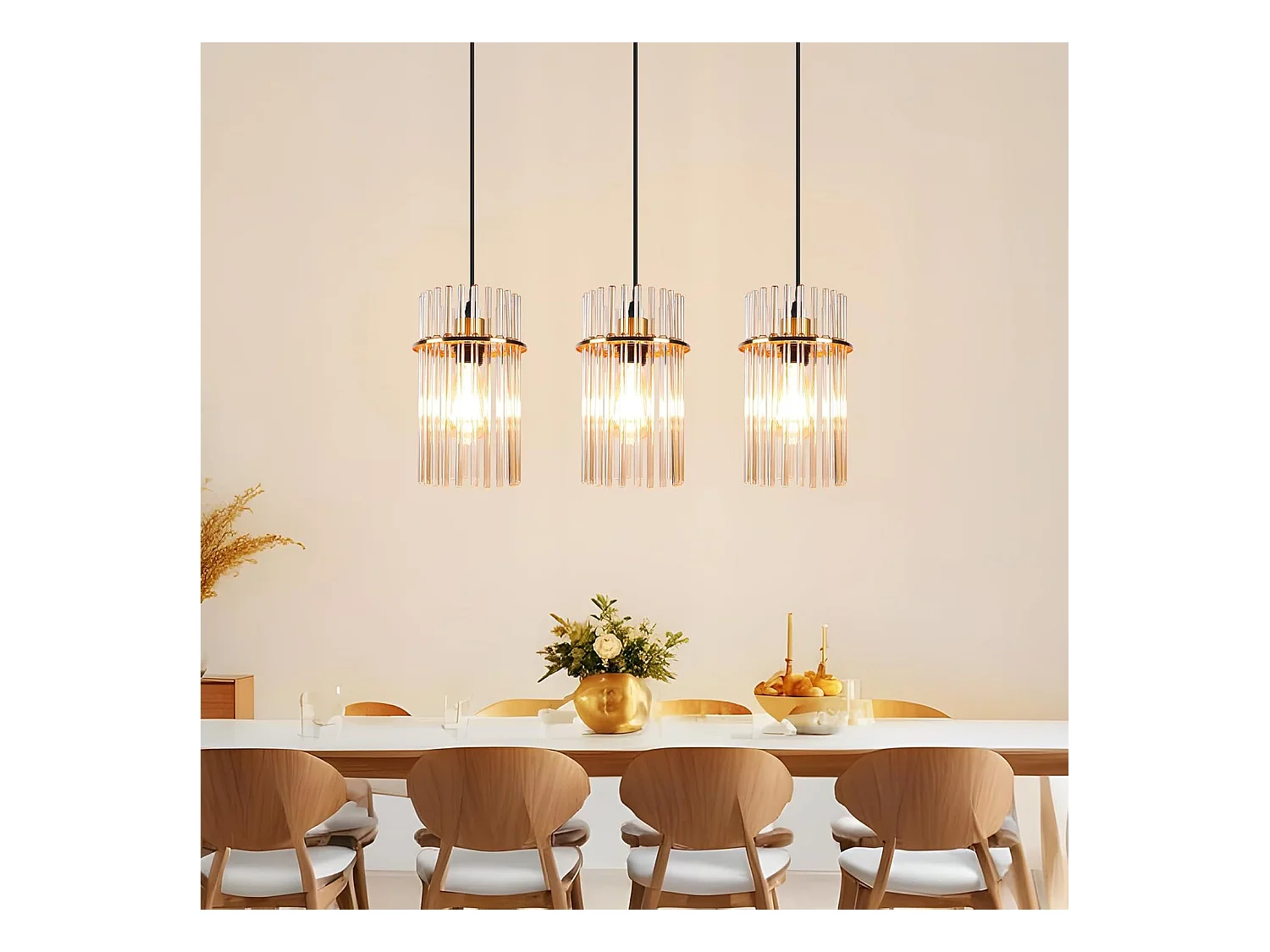 Nettlife Suspension Dorée Vintage, 3 Lampes Verre, Douille E27, Ø 16 cm, pour Table, Cuisine (sans ampoules).