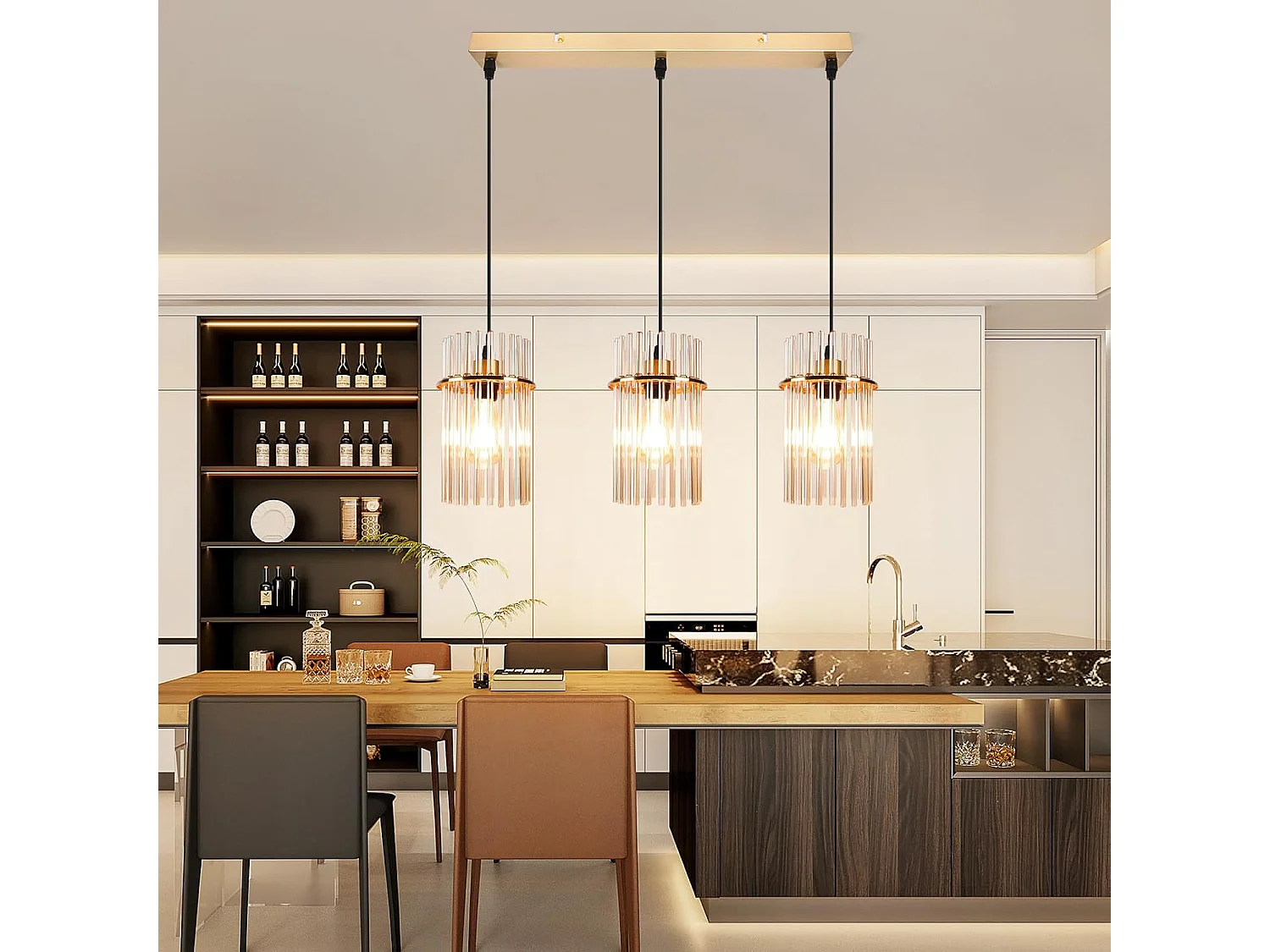 Nettlife Suspension Dorée Vintage, 3 Lampes Verre, Douille E27, Ø 16 cm, pour Table, Cuisine (sans ampoules).