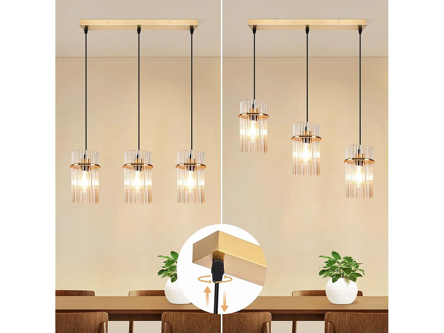 Nettlife Suspension Dorée Vintage, 3 Lampes Verre, Douille E27, Ø 16 cm, pour Table, Cuisine (sans ampoules).