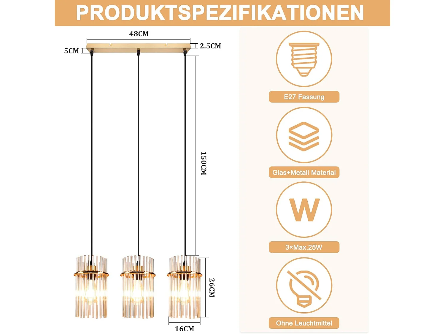 Nettlife Suspension Dorée Vintage, 3 Lampes Verre, Douille E27, Ø 16 cm, pour Table, Cuisine (sans ampoules).