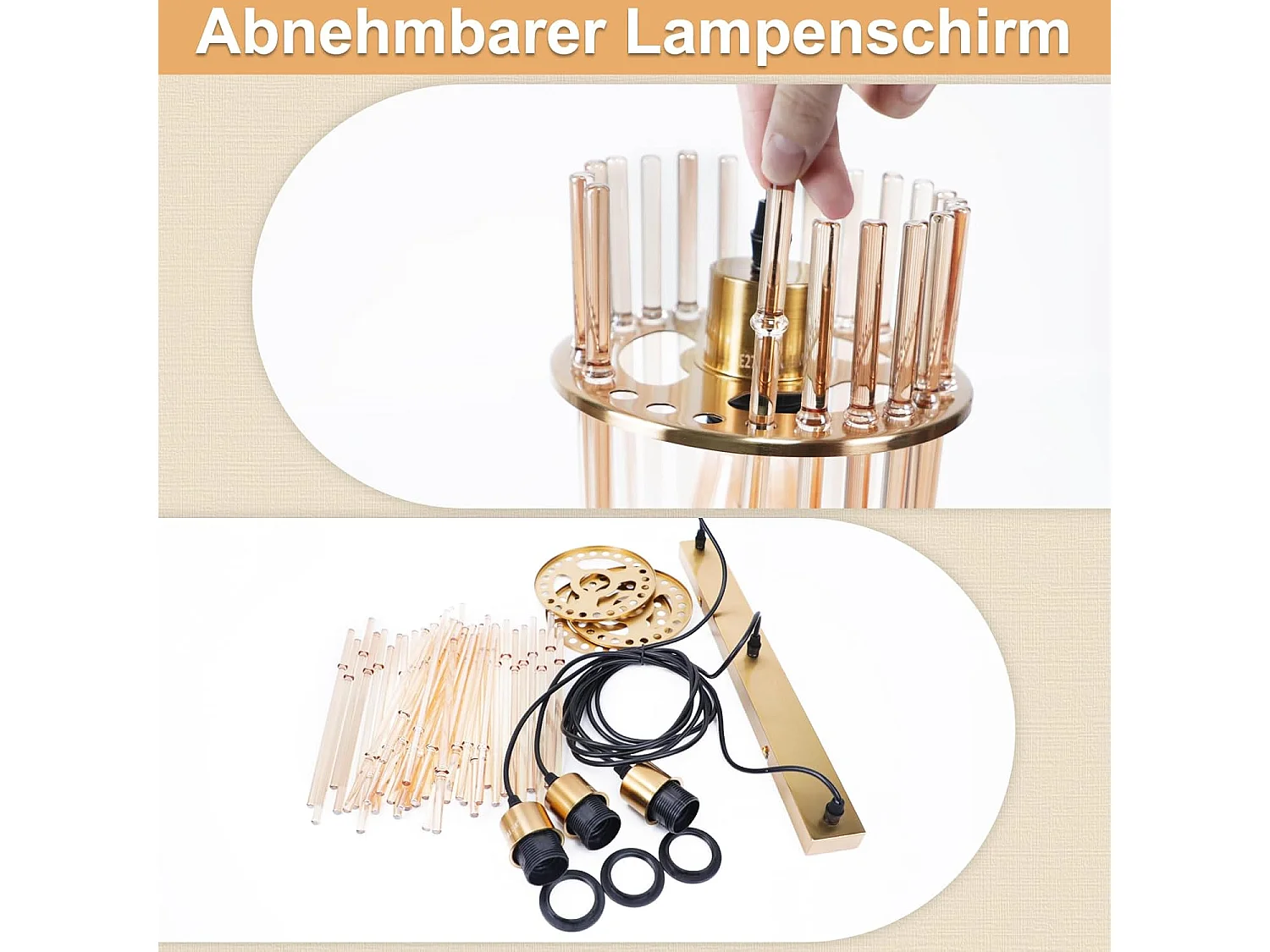 Nettlife Suspension Dorée Vintage, 3 Lampes Verre, Douille E27, Ø 16 cm, pour Table, Cuisine (sans ampoules).