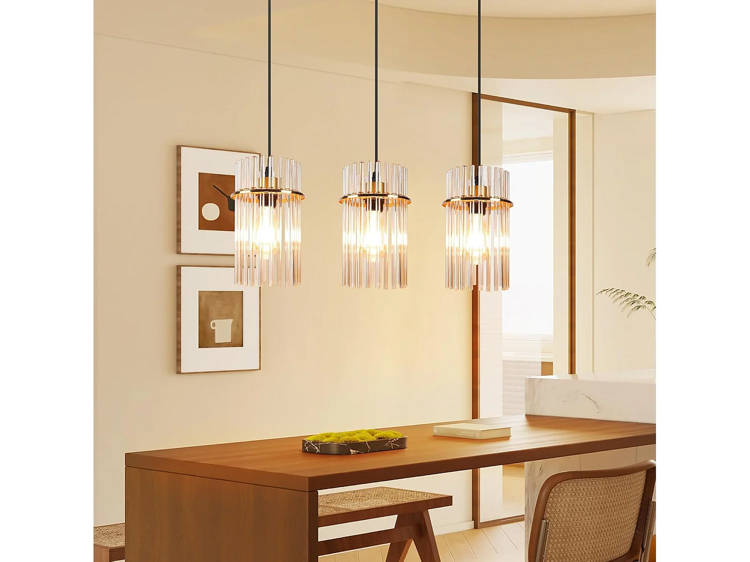 Nettlife Suspension Dorée Vintage, 3 Lampes Verre, Douille E27, Ø 16 cm, pour Table, Cuisine (sans ampoules).