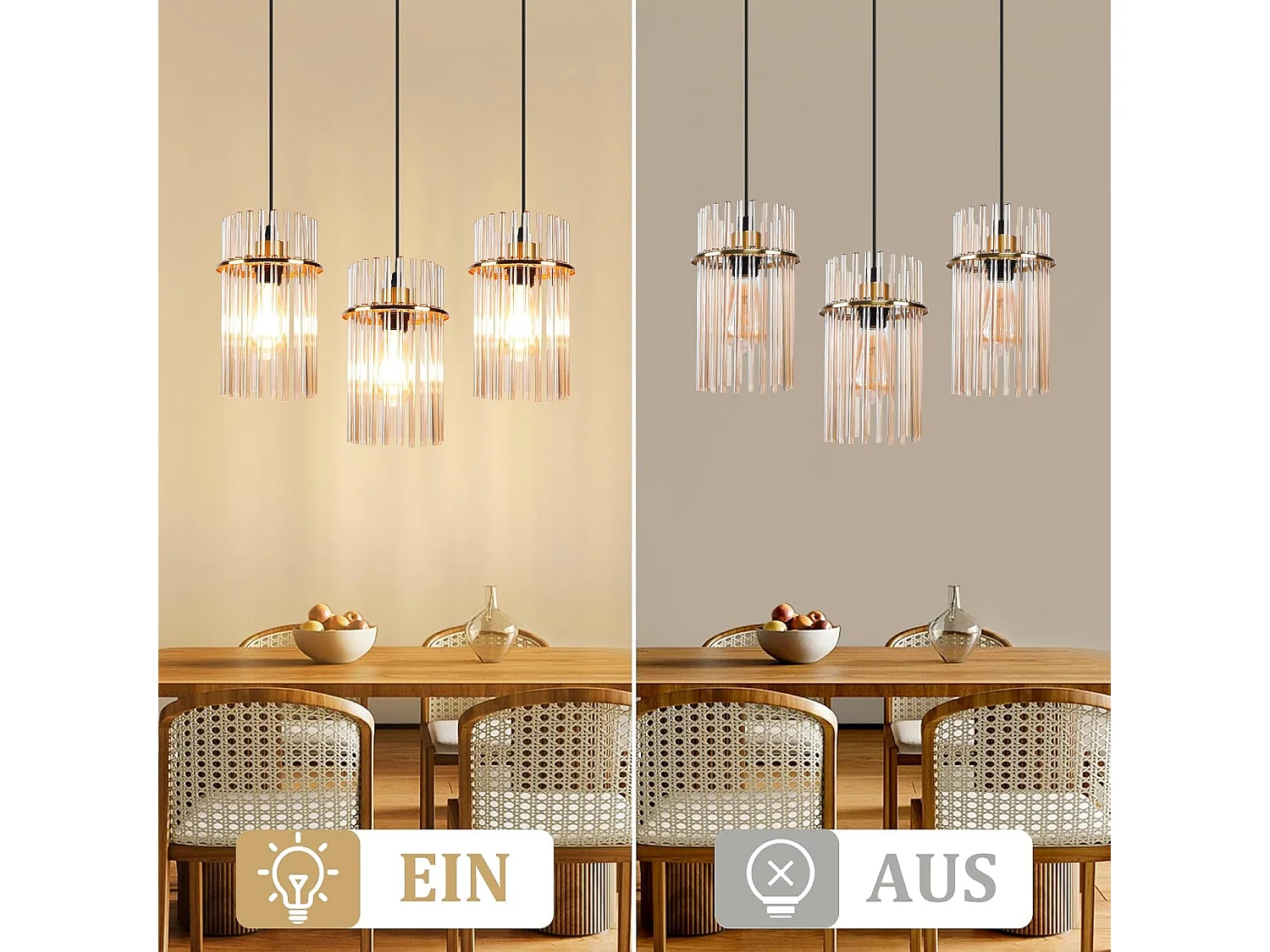 Nettlife Suspension Dorée Vintage, 3 Lampes Verre, Douille E27, Ø 16 cm, pour Table, Cuisine (sans ampoules).