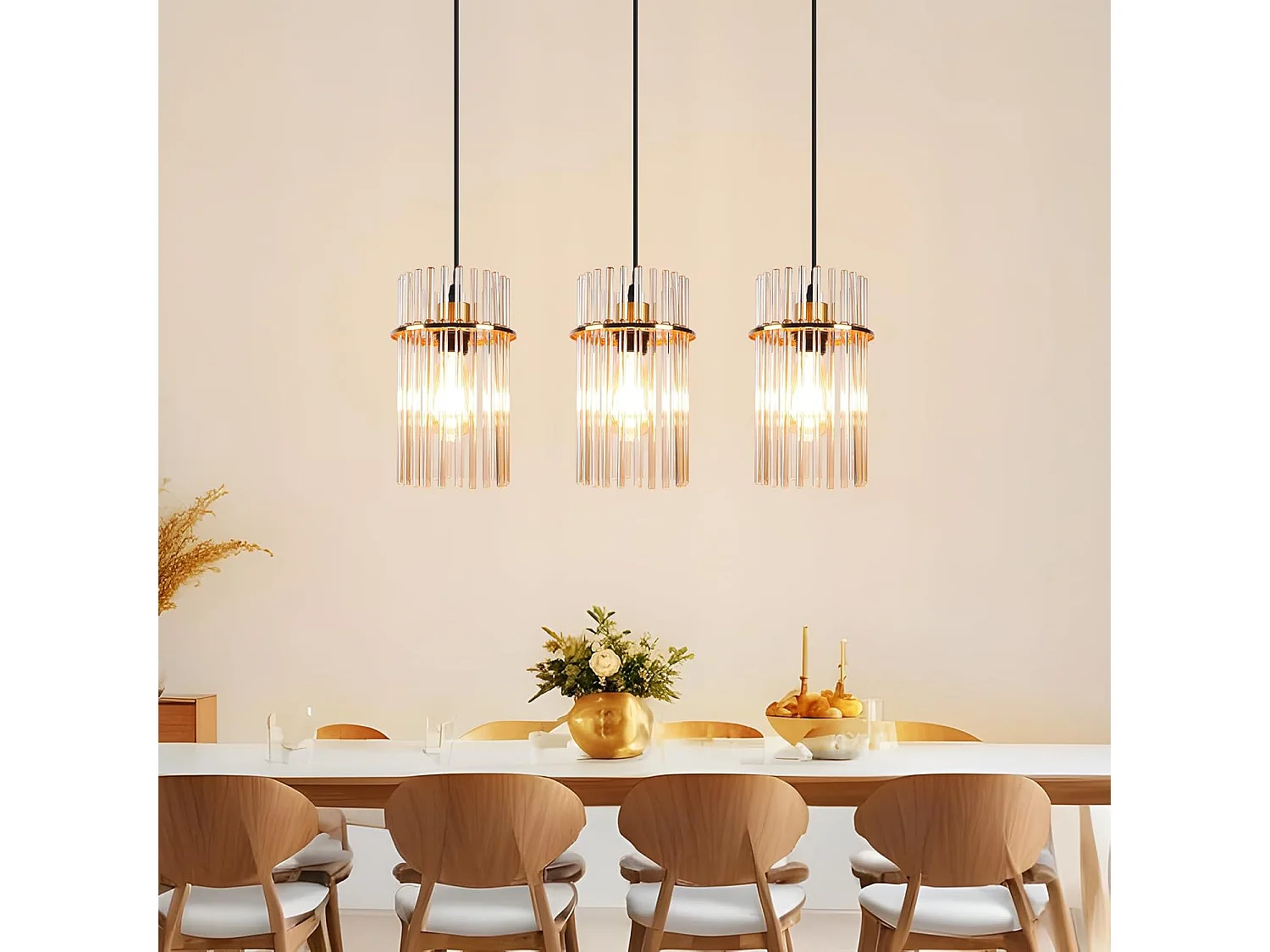 Nettlife Suspension Dorée Vintage, 3 Lampes Verre, Douille E27, Ø 16 cm, pour Table, Cuisine (sans ampoules).