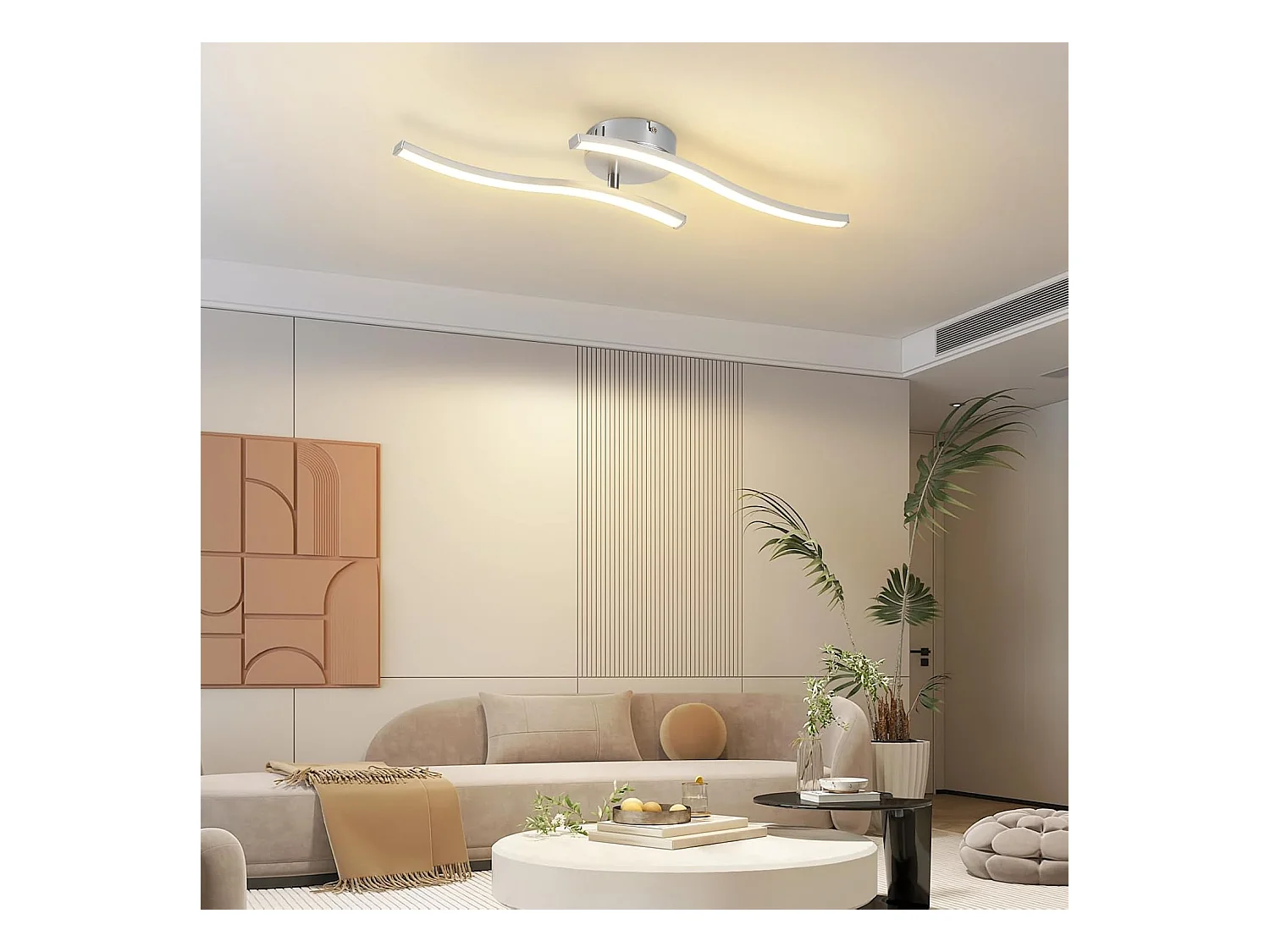 Nettlife Plafonnier LED Argenté, 12W Lampe de Plafond Design Vague Moderne, 3000K Blanc Chaud, Luminaire pour Salon, Chambre, Cuisine, Couloir.