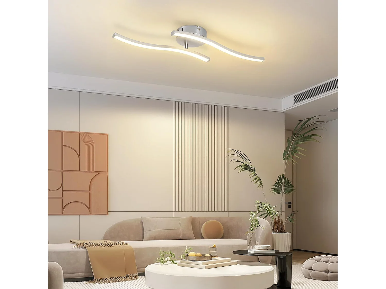 Nettlife Plafonnier LED Argenté, 12W Lampe de Plafond Design Vague Moderne, 3000K Blanc Chaud, Luminaire pour Salon, Chambre, Cuisine, Couloir.