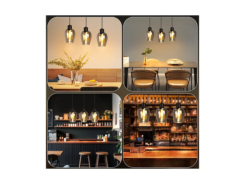 Suspension Nettlife noire pour table à manger - Lampe suspendue E27 à flamme unique en verre fumé vintage sans source lumineuse