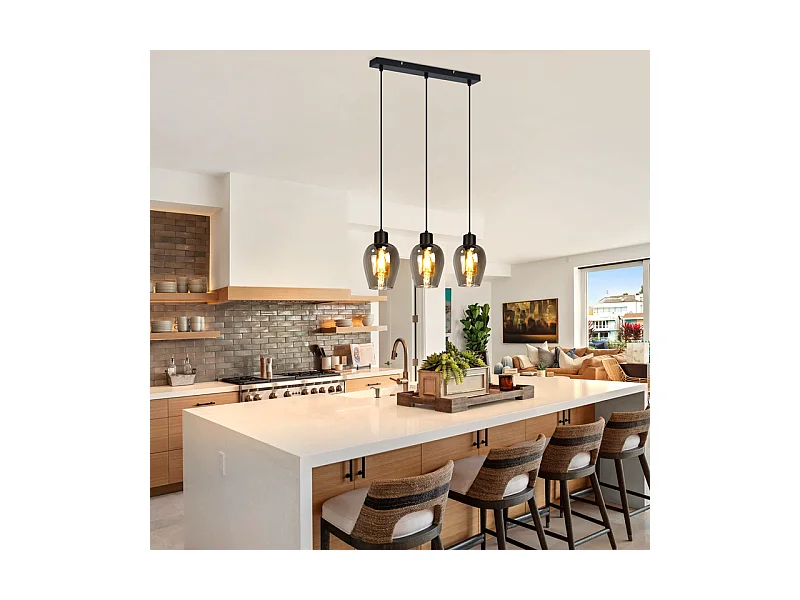 Suspension Nettlife noire pour table à manger - Lampe suspendue E27 à flamme unique en verre fumé vintage sans source lumineuse