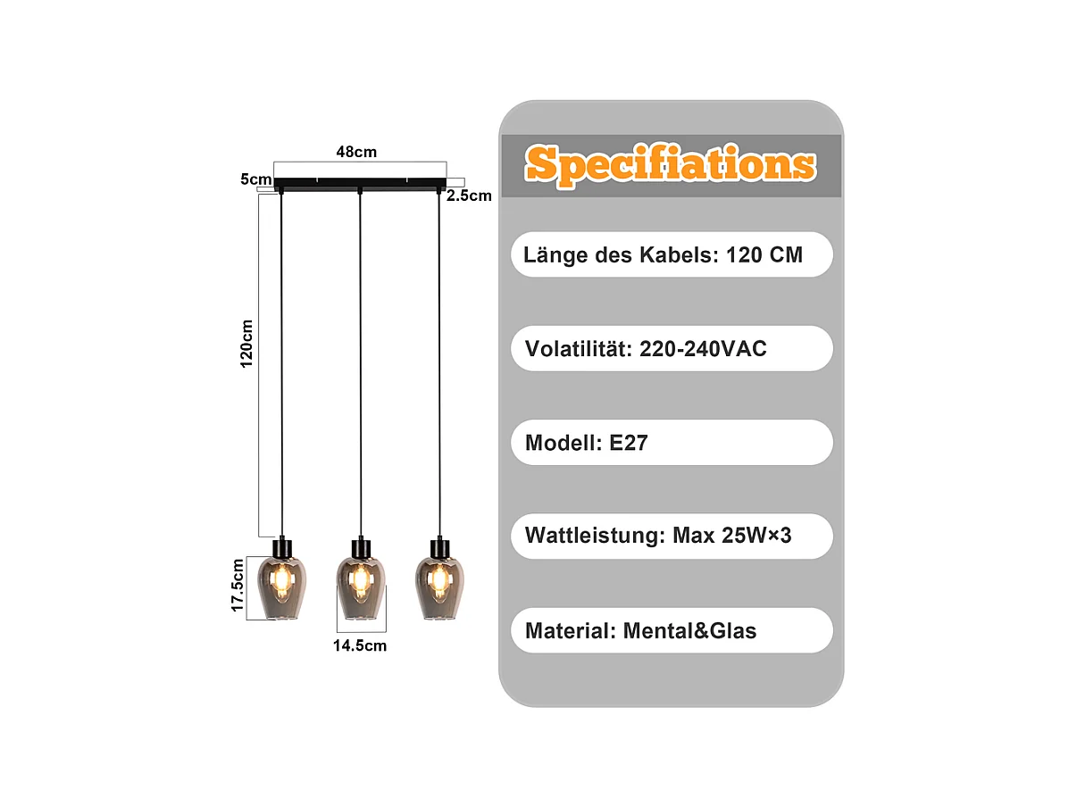 Suspension Nettlife noire pour table à manger - Lampe suspendue E27 à flamme unique en verre fumé vintage sans source lumineuse