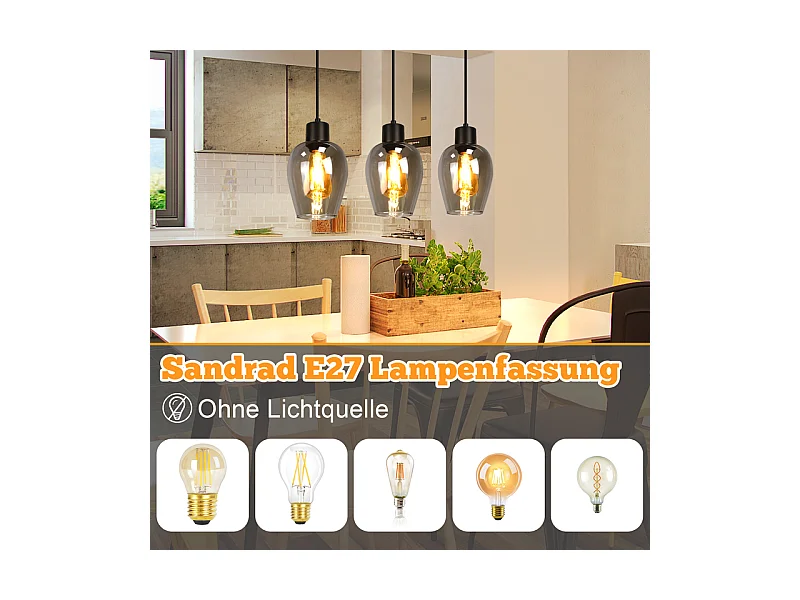 Suspension Nettlife noire pour table à manger - Lampe suspendue E27 à flamme unique en verre fumé vintage sans source lumineuse