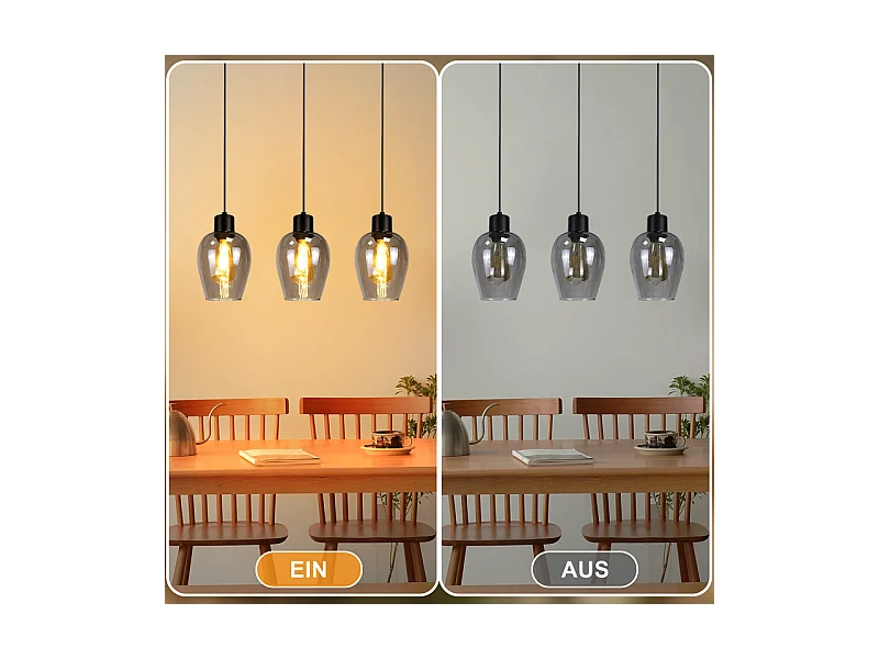 Suspension Nettlife noire pour table à manger - Lampe suspendue E27 à flamme unique en verre fumé vintage sans source lumineuse