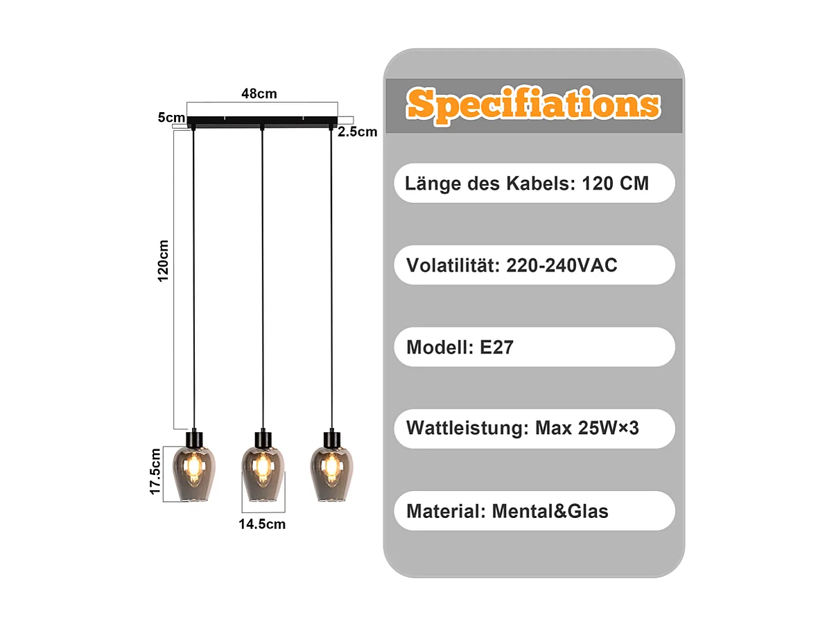 Suspension Nettlife noire pour table à manger - Lampe suspendue E27 à flamme unique en verre fumé vintage sans source lumineuse