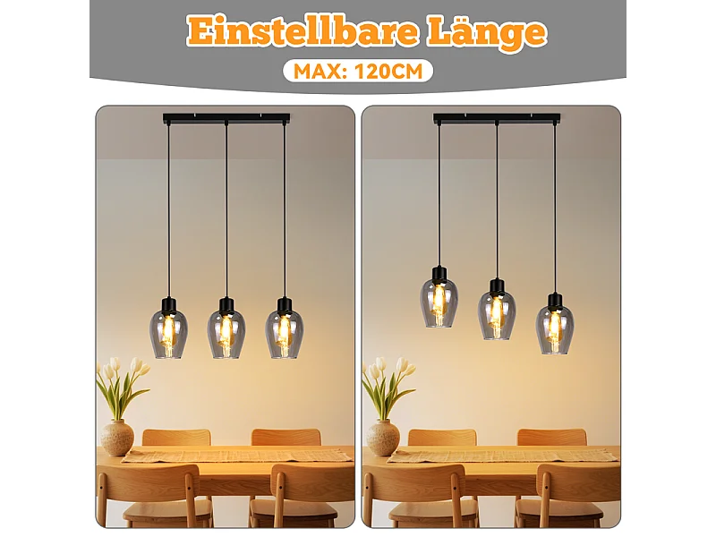 Suspension Nettlife noire pour table à manger - Lampe suspendue E27 à flamme unique en verre fumé vintage sans source lumineuse