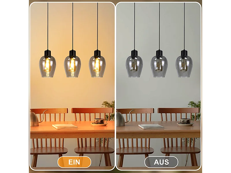 Suspension Nettlife noire pour table à manger - Lampe suspendue E27 à flamme unique en verre fumé vintage sans source lumineuse