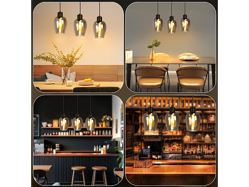 Suspension Nettlife noire pour table à manger - Lampe suspendue E27 à flamme unique en verre fumé vintage sans source lumineuse