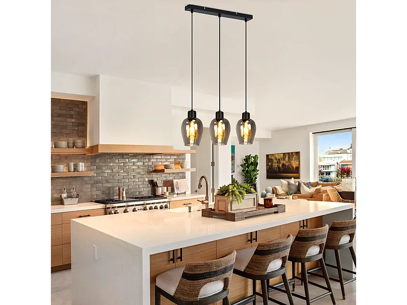 Suspension Nettlife noire pour table à manger - Lampe suspendue E27 à flamme unique en verre fumé vintage sans source lumineuse