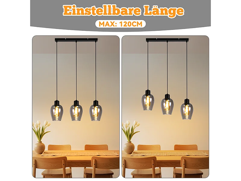 Suspension Nettlife noire pour table à manger - Lampe suspendue E27 à flamme unique en verre fumé vintage sans source lumineuse