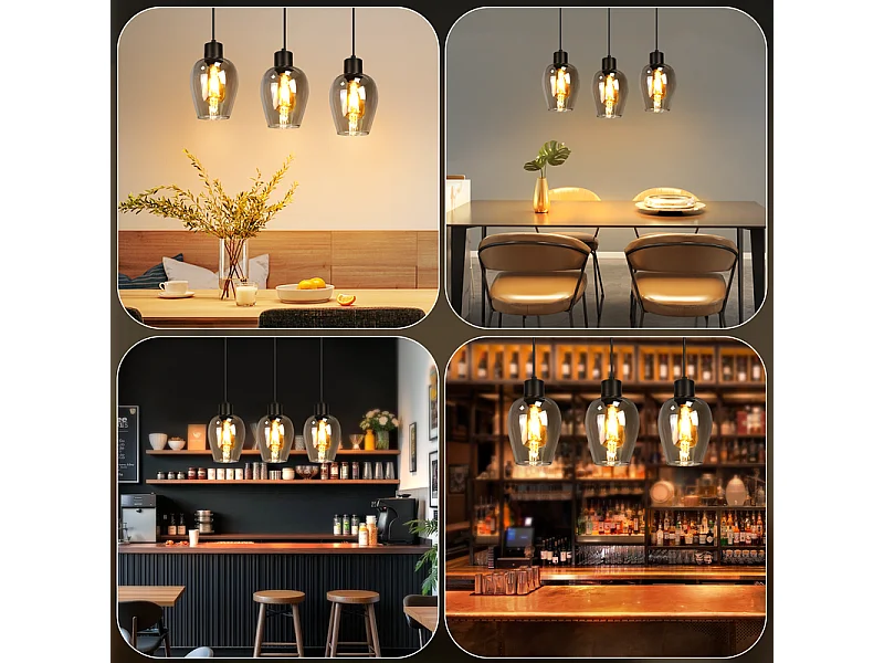 Suspension Nettlife noire pour table à manger - Lampe suspendue E27 à flamme unique en verre fumé vintage sans source lumineuse