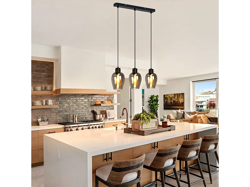 Suspension Nettlife noire pour table à manger - Lampe suspendue E27 à flamme unique en verre fumé vintage sans source lumineuse