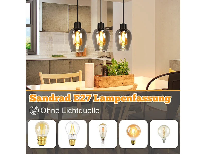 Suspension Nettlife noire pour table à manger - Lampe suspendue E27 à flamme unique en verre fumé vintage sans source lumineuse