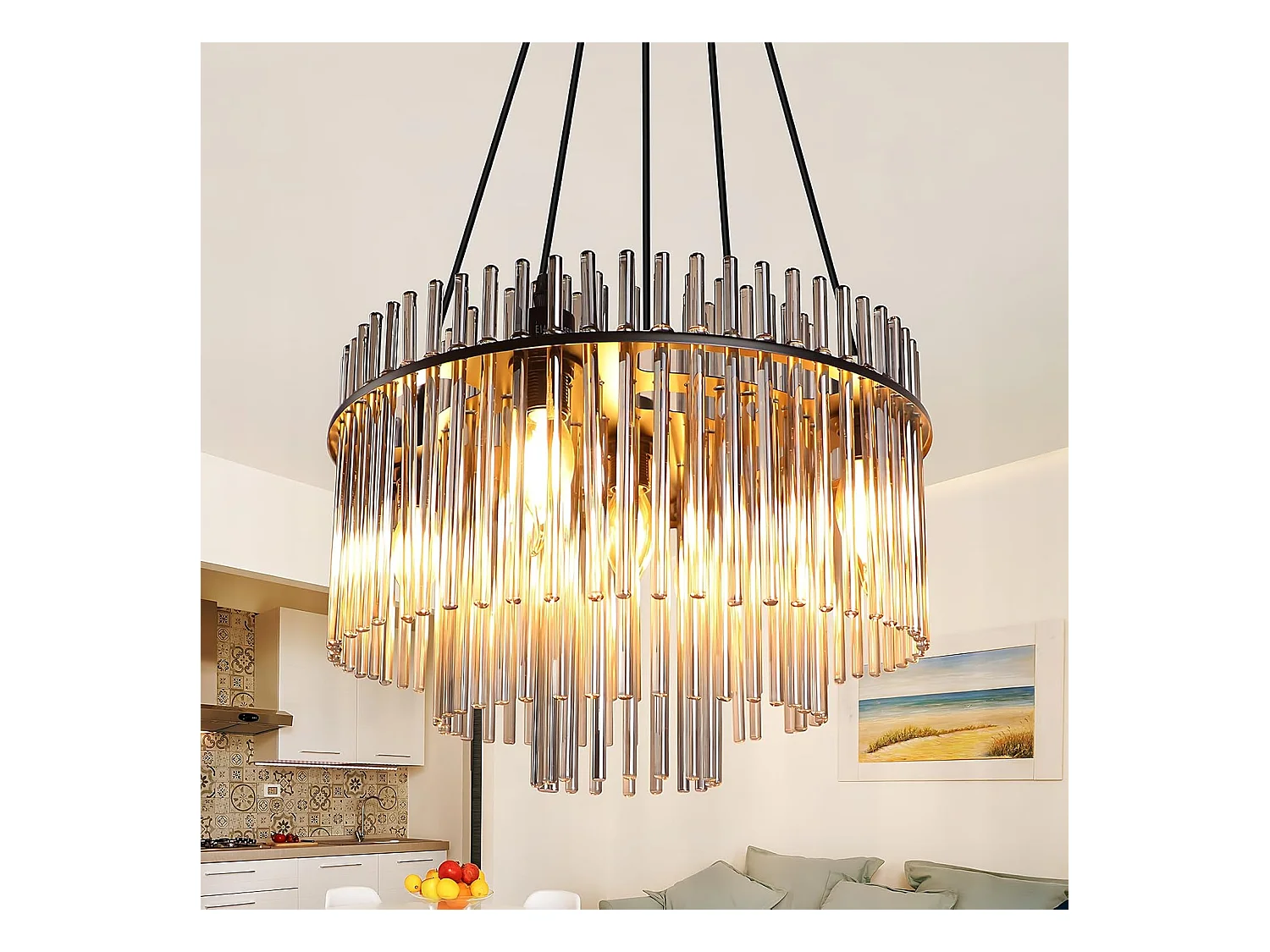 Nettlife Suspension Noire Vintage, 5 Lampes Verre, Douille E14, Ø 40 cm, pour Table, Salon, Bar (sans ampoules).