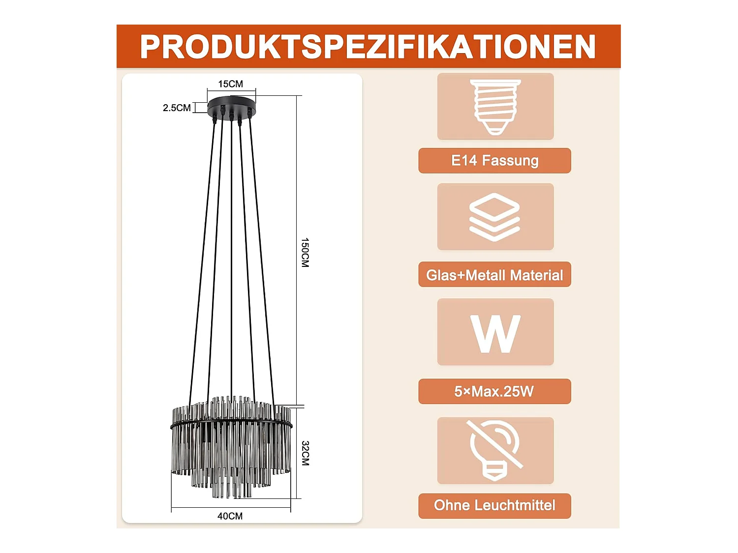 Nettlife Suspension Noire Vintage, 5 Lampes Verre, Douille E14, Ø 40 cm, pour Table, Salon, Bar (sans ampoules).