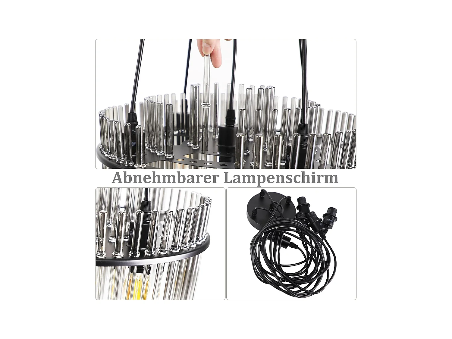 Nettlife Suspension Noire Vintage, 5 Lampes Verre, Douille E14, Ø 40 cm, pour Table, Salon, Bar (sans ampoules).