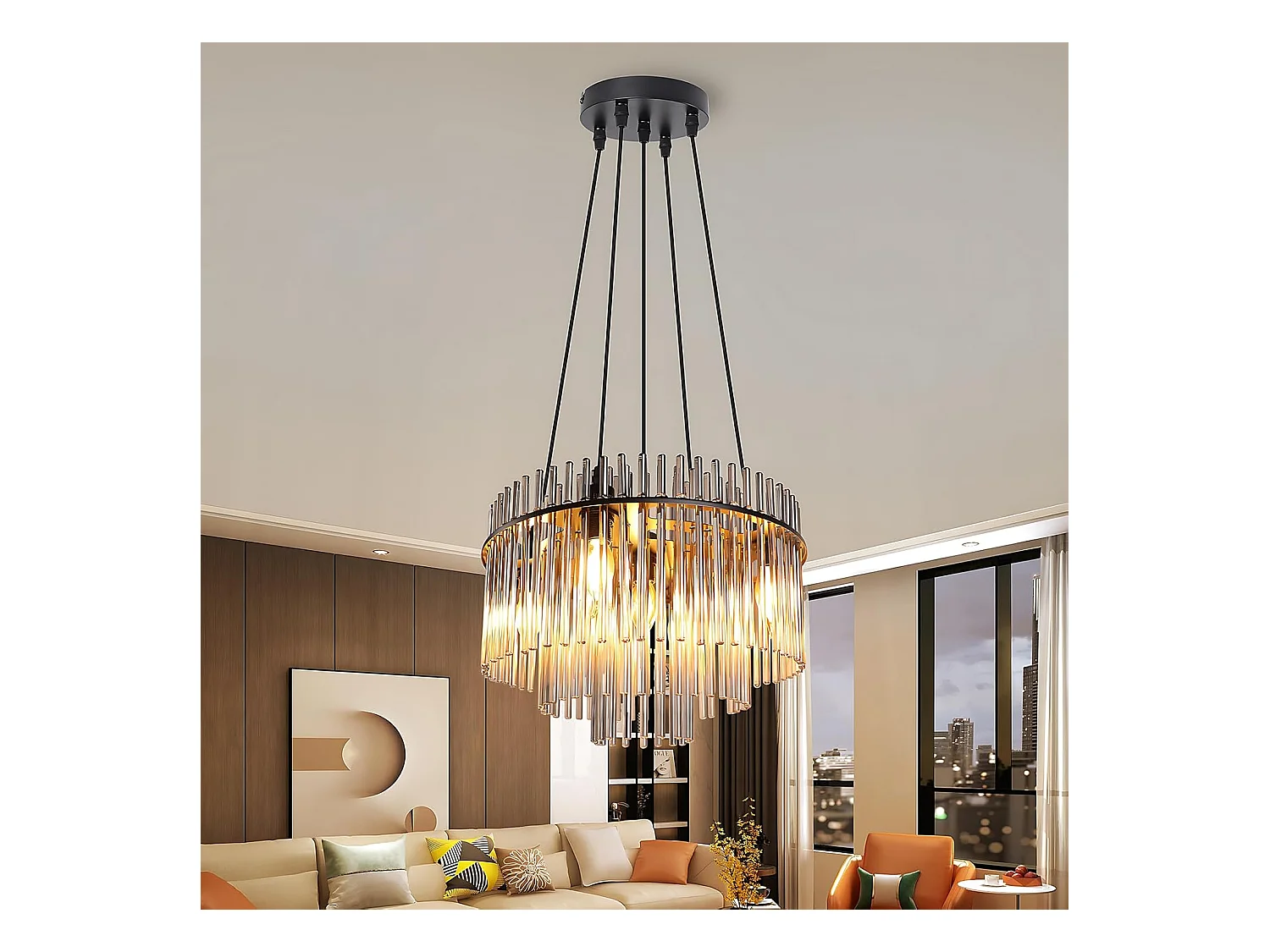 Nettlife Suspension Noire Vintage, 5 Lampes Verre, Douille E14, Ø 40 cm, pour Table, Salon, Bar (sans ampoules).