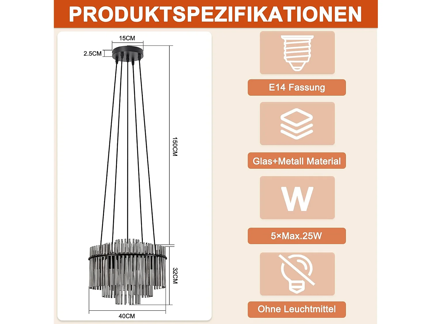 Nettlife Suspension Noire Vintage, 5 Lampes Verre, Douille E14, Ø 40 cm, pour Table, Salon, Bar (sans ampoules).