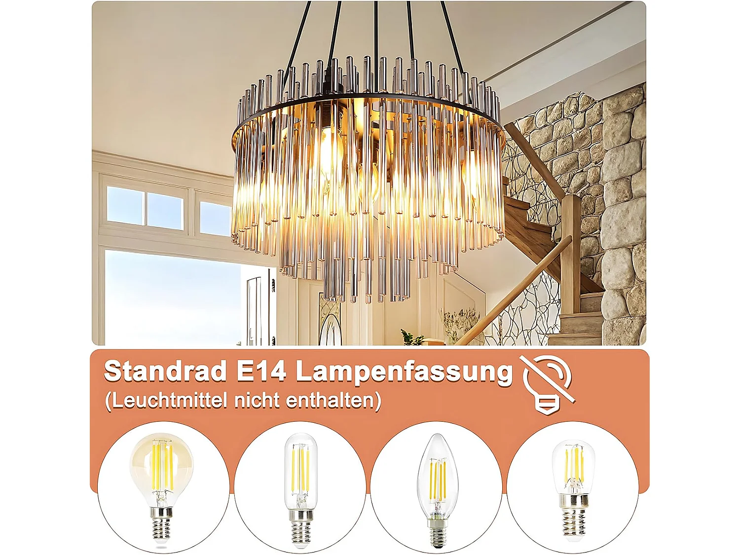 Nettlife Suspension Noire Vintage, 5 Lampes Verre, Douille E14, Ø 40 cm, pour Table, Salon, Bar (sans ampoules).