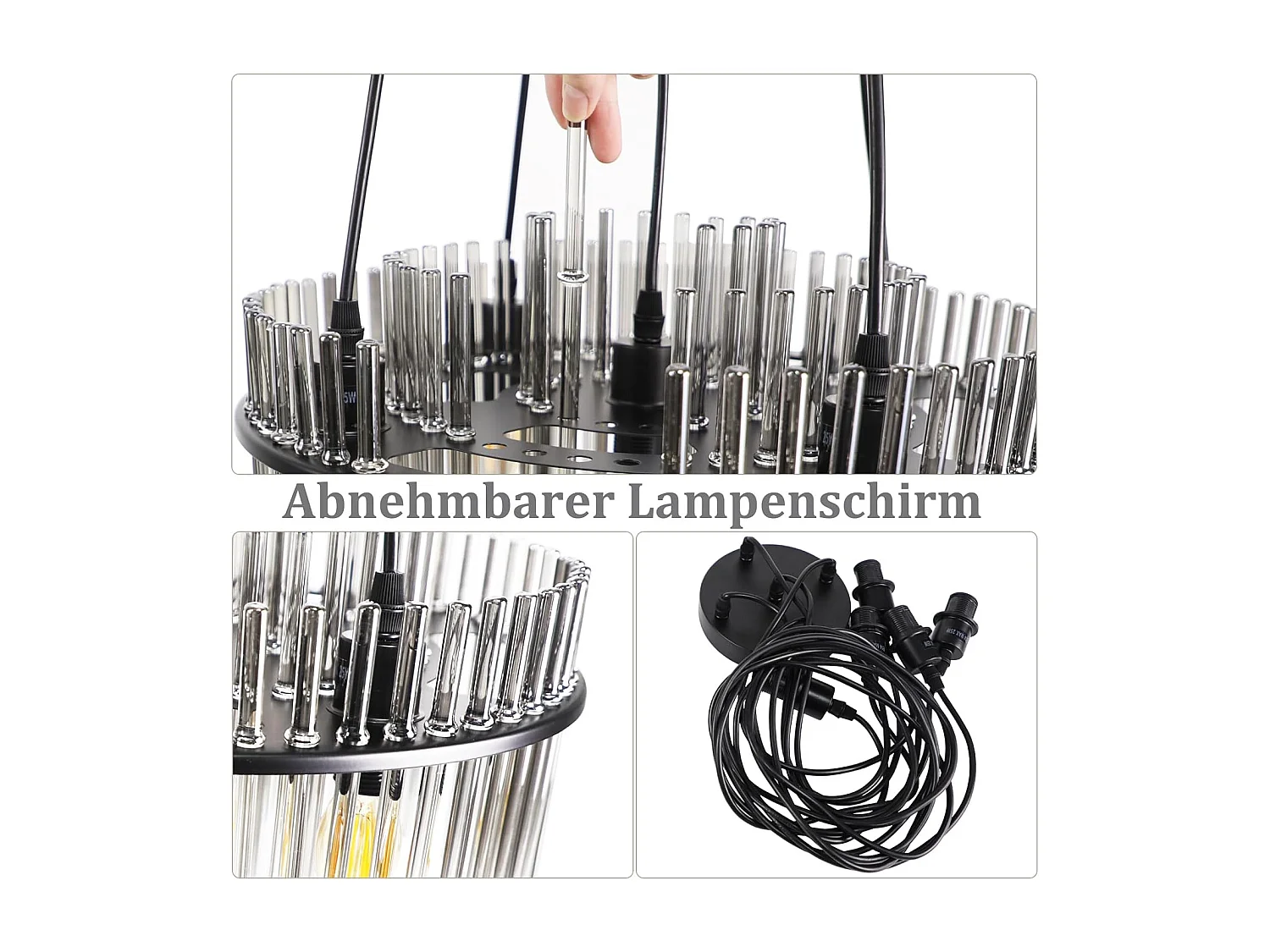 Nettlife Suspension Noire Vintage, 5 Lampes Verre, Douille E14, Ø 40 cm, pour Table, Salon, Bar (sans ampoules).