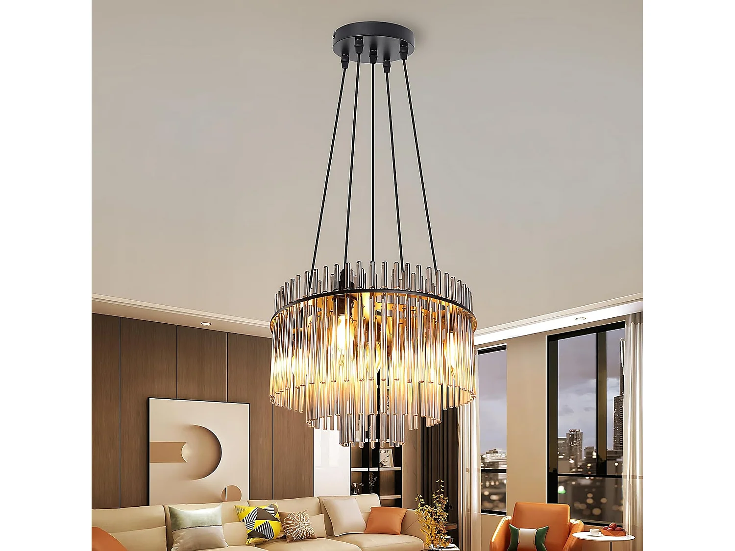 Nettlife Suspension Noire Vintage, 5 Lampes Verre, Douille E14, Ø 40 cm, pour Table, Salon, Bar (sans ampoules).