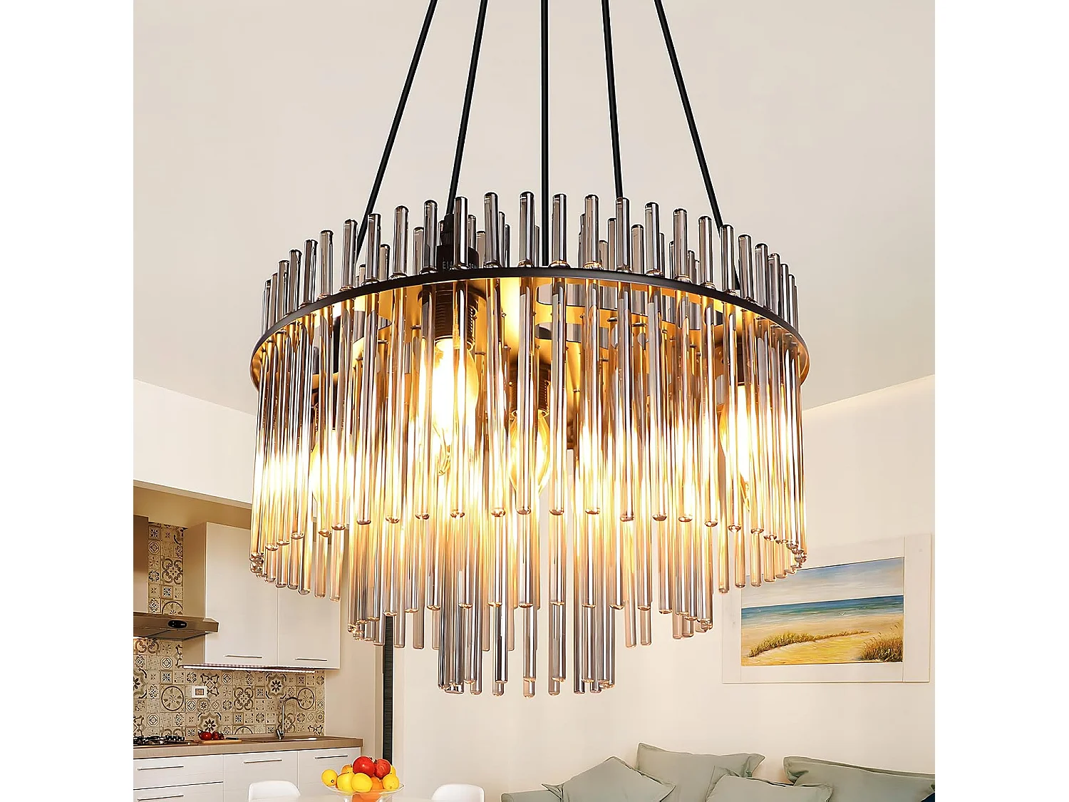 Nettlife Suspension Noire Vintage, 5 Lampes Verre, Douille E14, Ø 40 cm, pour Table, Salon, Bar (sans ampoules).