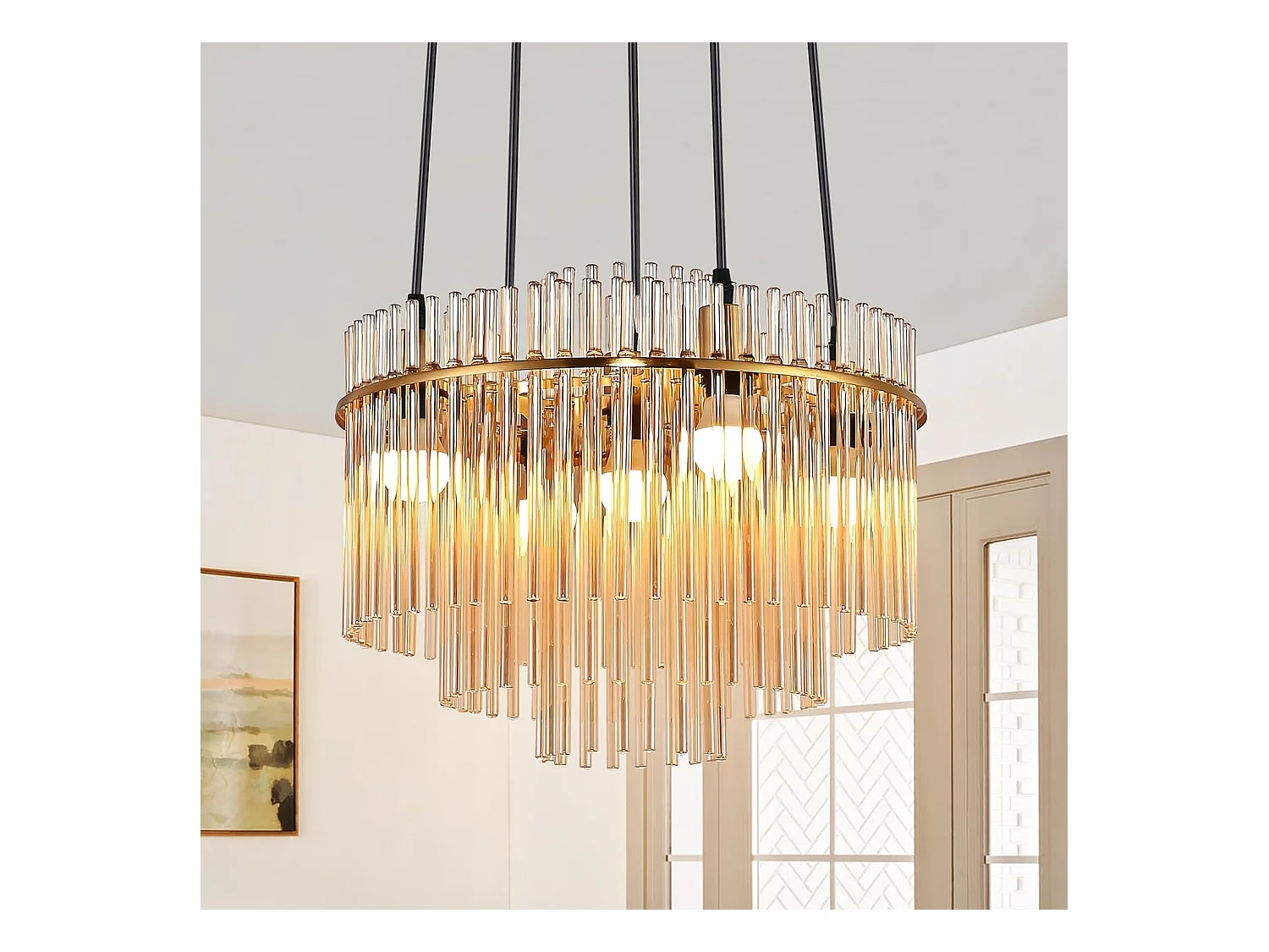Nettlife Suspension Luminaire Dorée Moderne, Lampe Pendante à 5 Flammes en Verre avec Douille E14, Ronde, Ø 40 cm, pour Cuisine (sans ampoules).